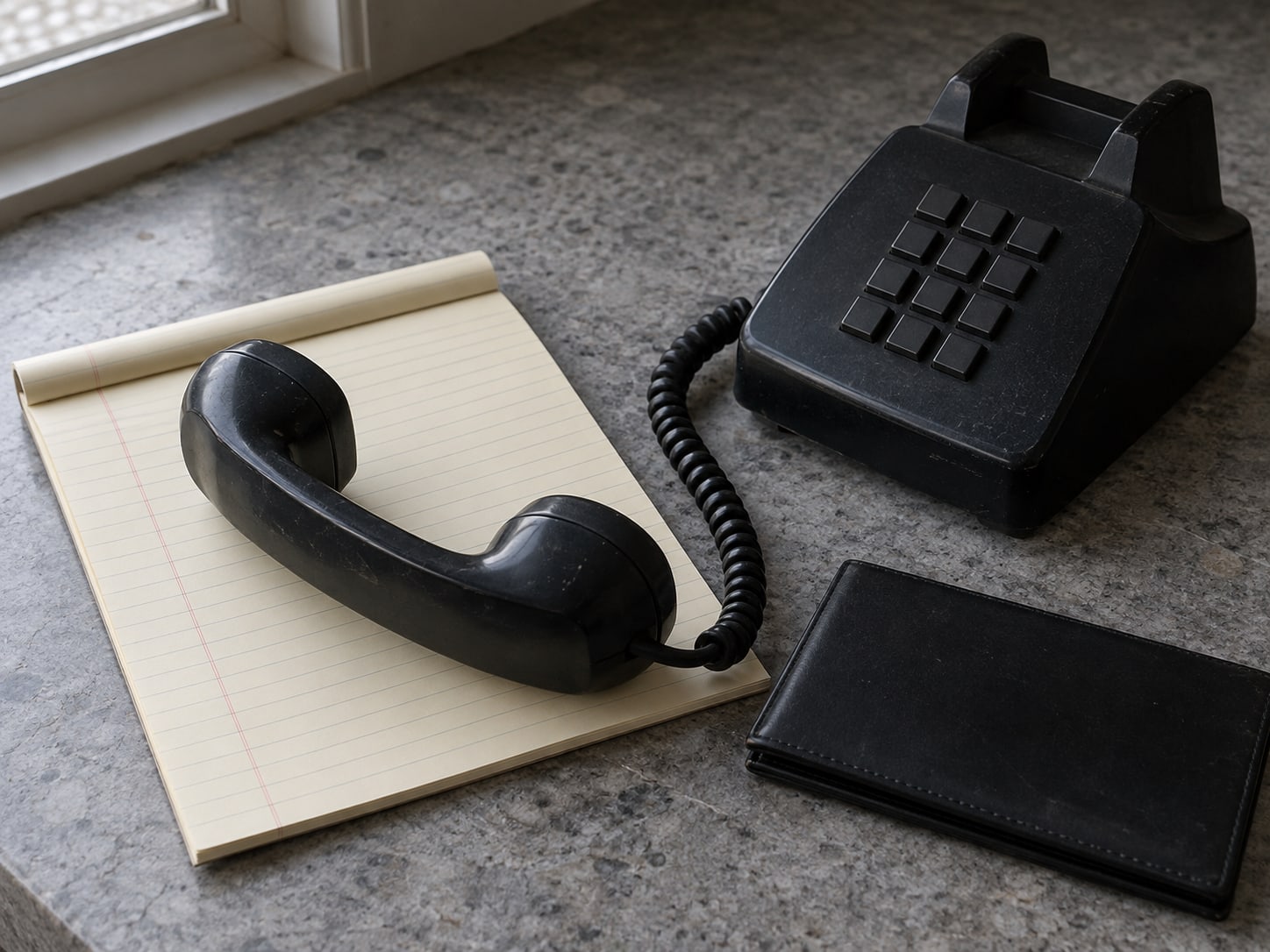 A plain desk telephone with its handset resting on a blank legal pad next to a closed checkbook on a gray countertop.
