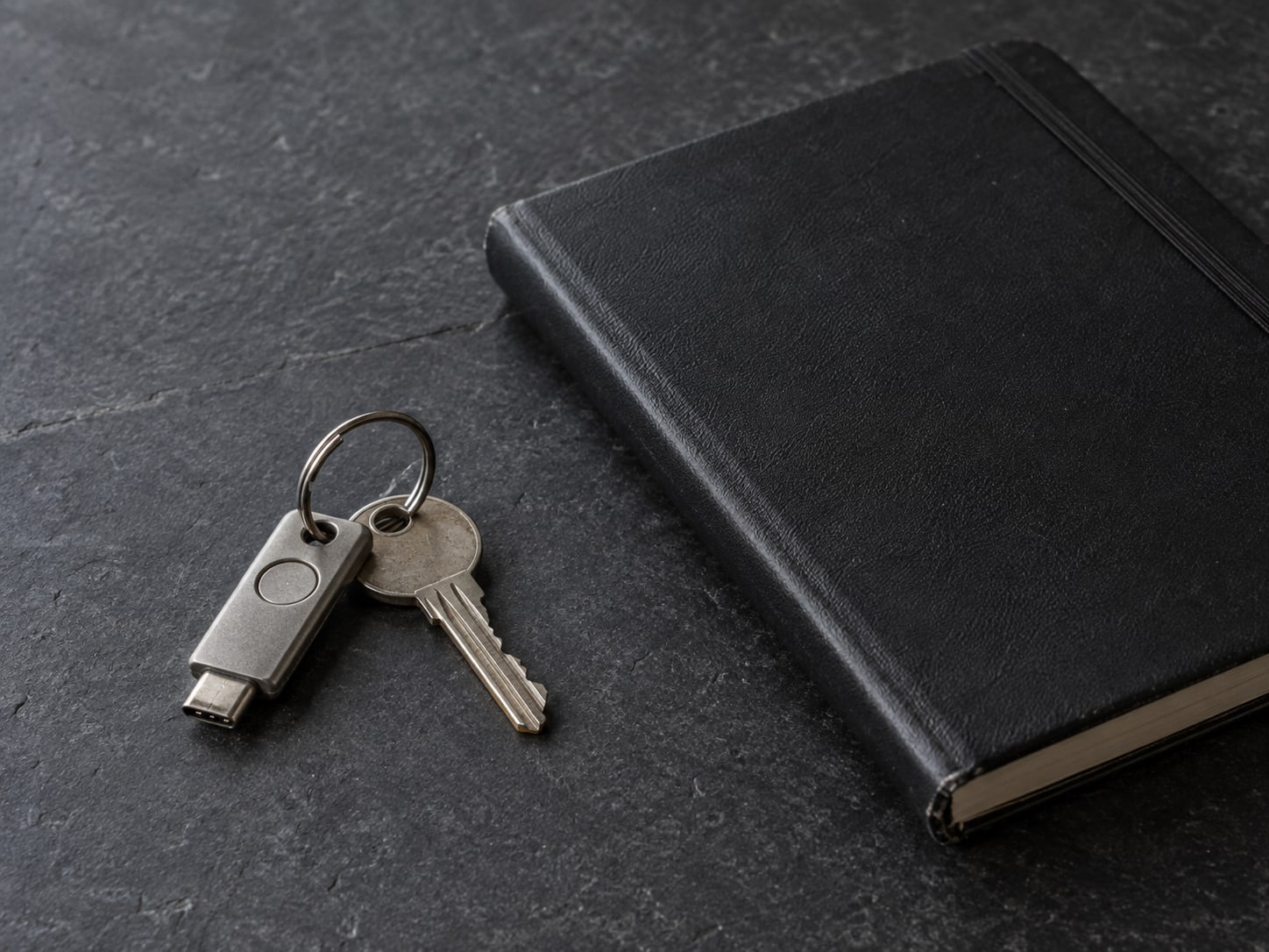 A small metal security key and a door key on a ring, lying beside a closed notebook on a dark slate surface.