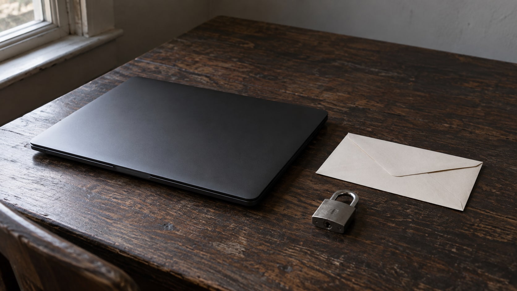 A closed laptop on a dark wooden desk beside a sealed paper envelope and a small steel padlock.