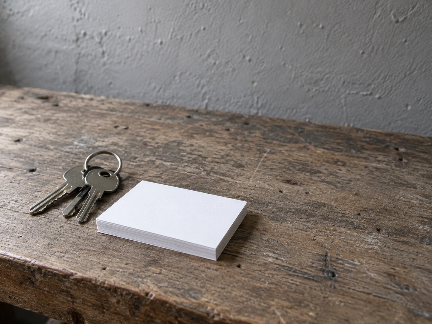 A short stack of blank white business cards beside a ring of van keys on a worn wooden workbench.