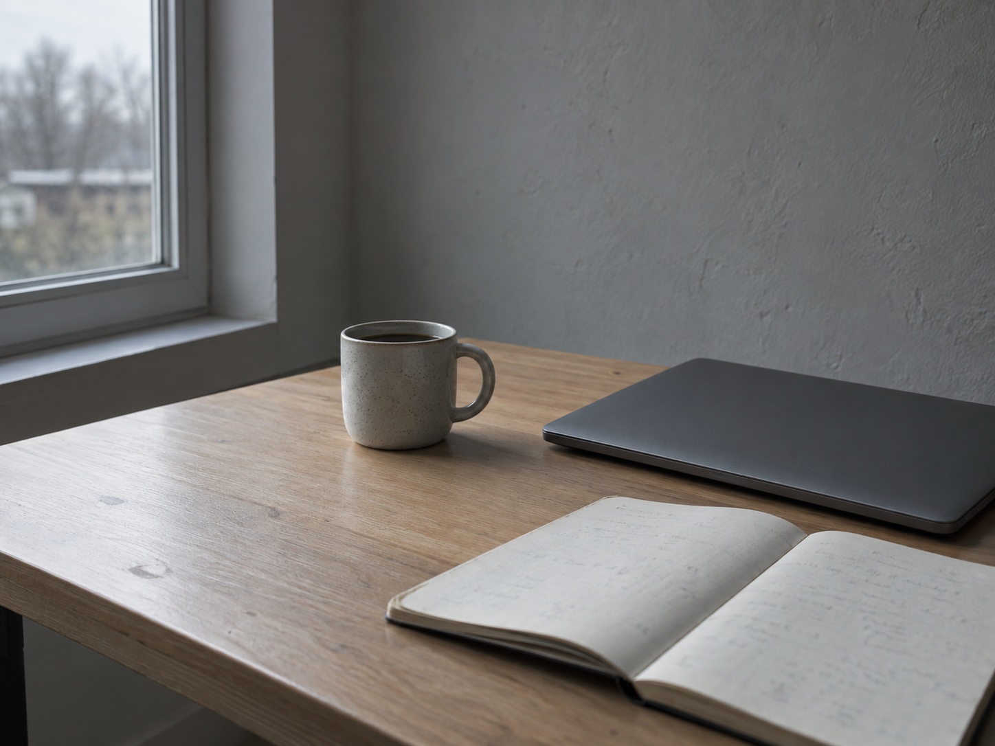 A closed laptop beside an open notebook with faint, unreadable pencil notes and a coffee mug on a plain desk.