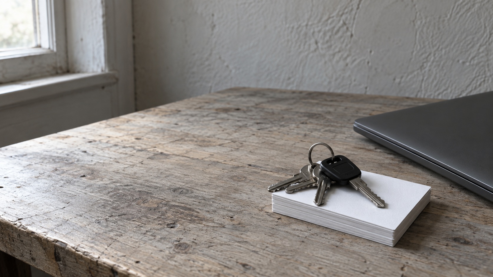 A ring of van keys resting on a short stack of blank business cards beside a closed laptop on a wooden desk.