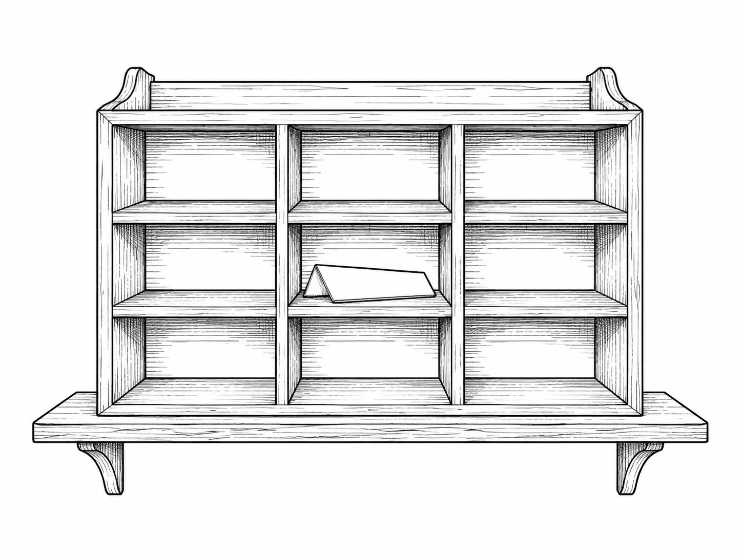 An old wooden mail sorter with empty pigeonholes and one folded blank letter resting in a single slot, on a plain wall shelf.