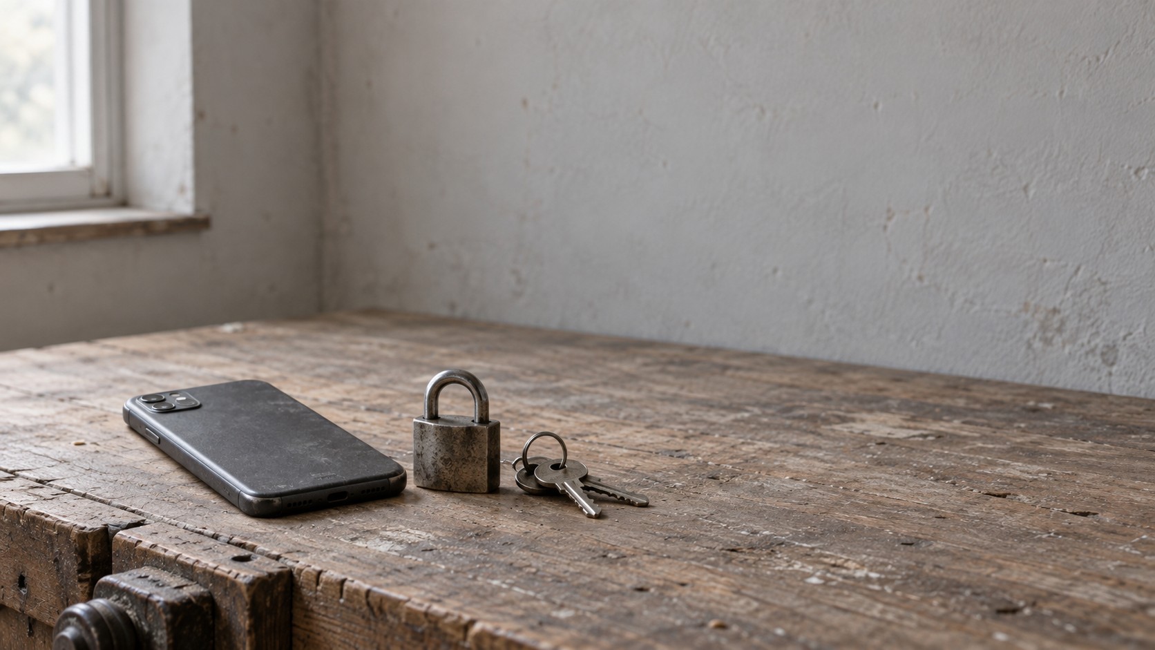 A smartphone lying face down beside a small closed padlock and a set of keys on a wooden table.