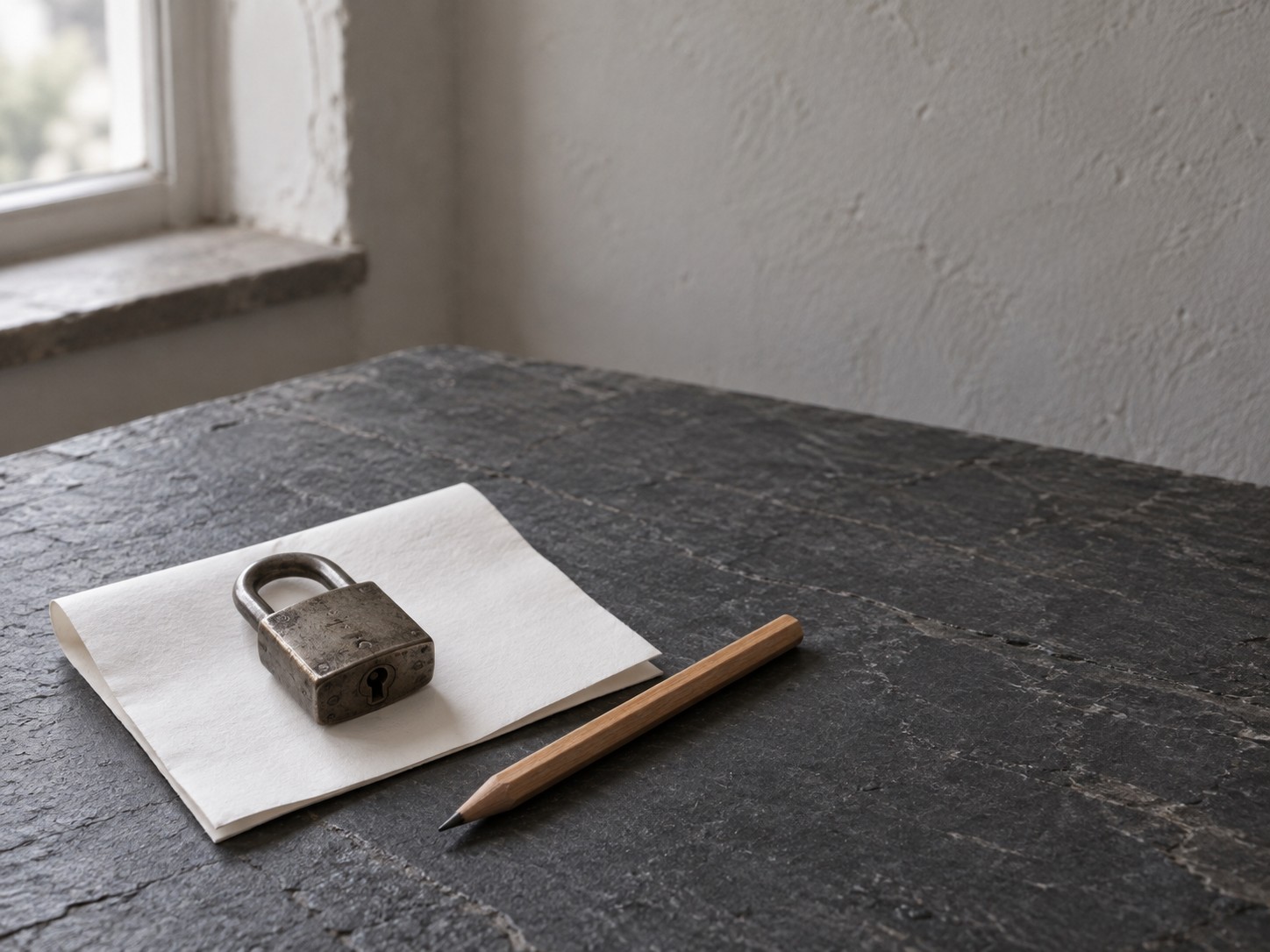 A padlock resting on a folded blank sheet of paper next to a pencil on a dark slate surface.
