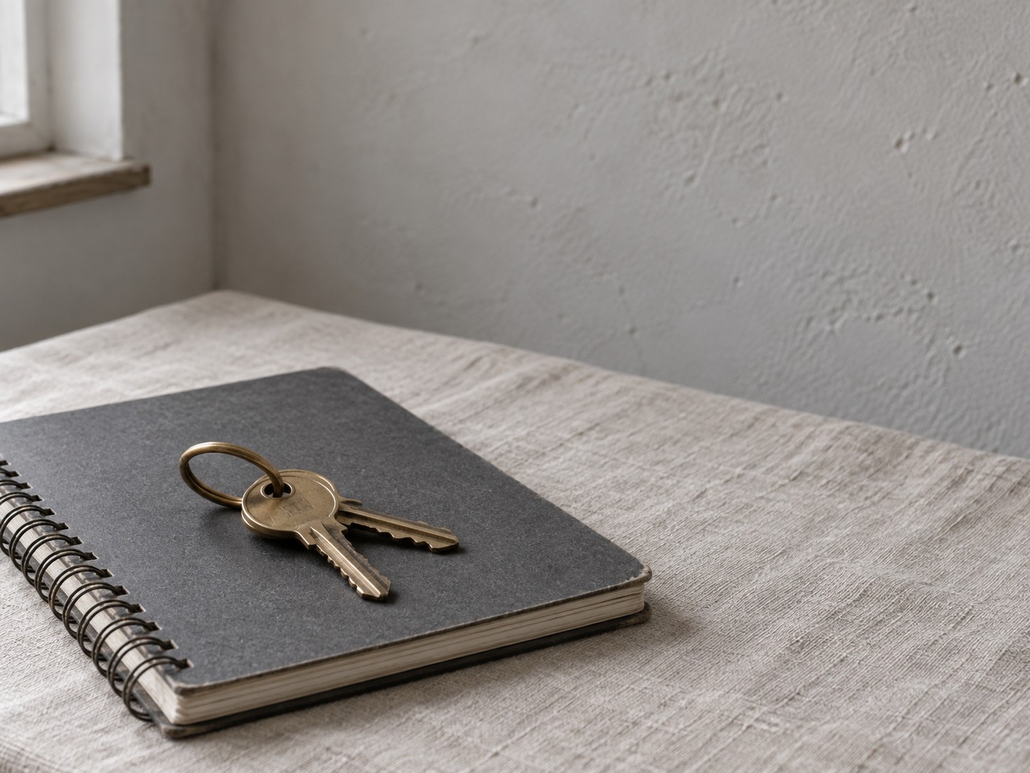 A small brass key ring with two keys resting on a closed spiral notebook on a pale linen tablecloth.