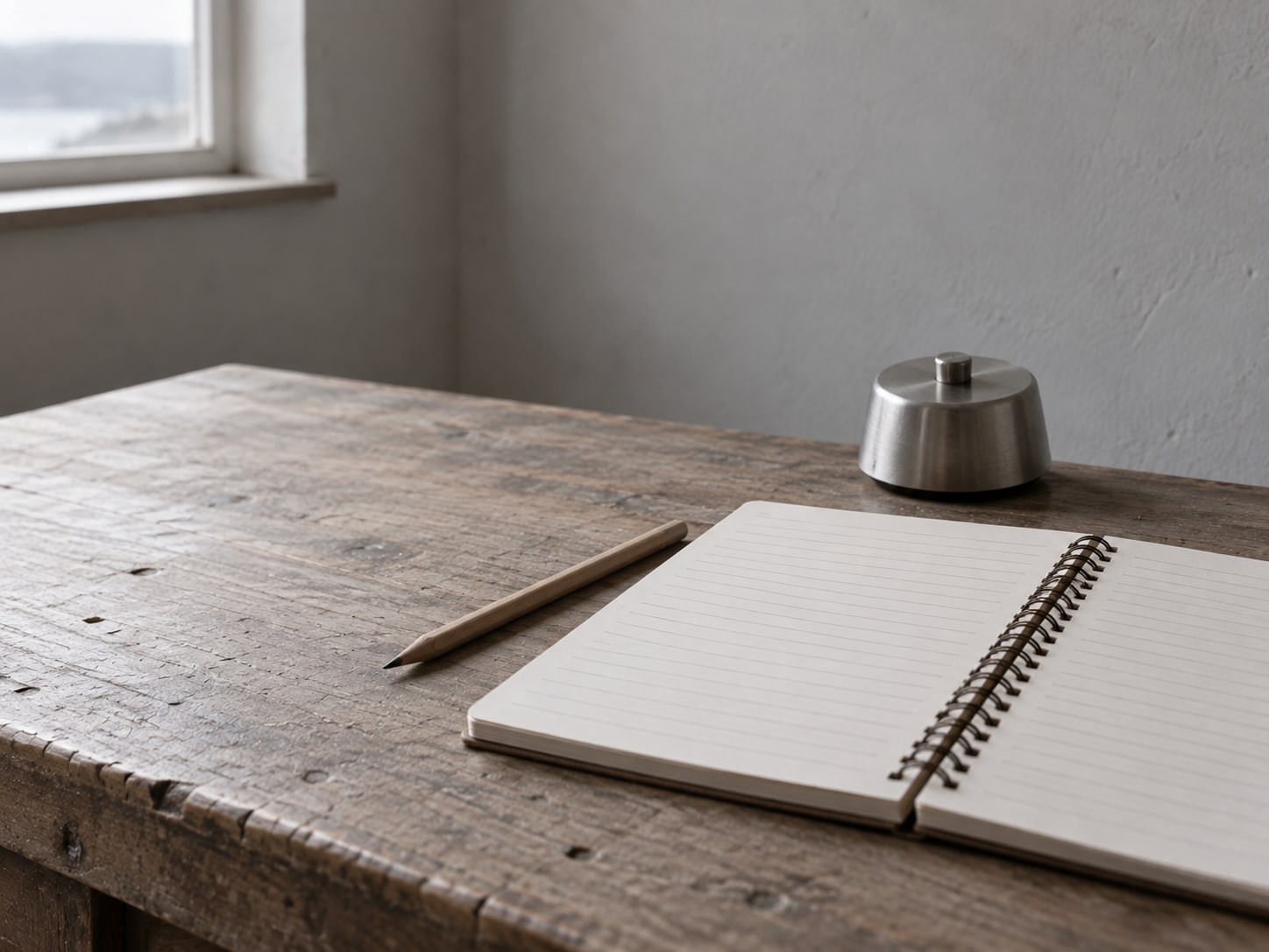 A spiral notebook open to a page of blank lines beside a pencil and a small kitchen timer on a desk.