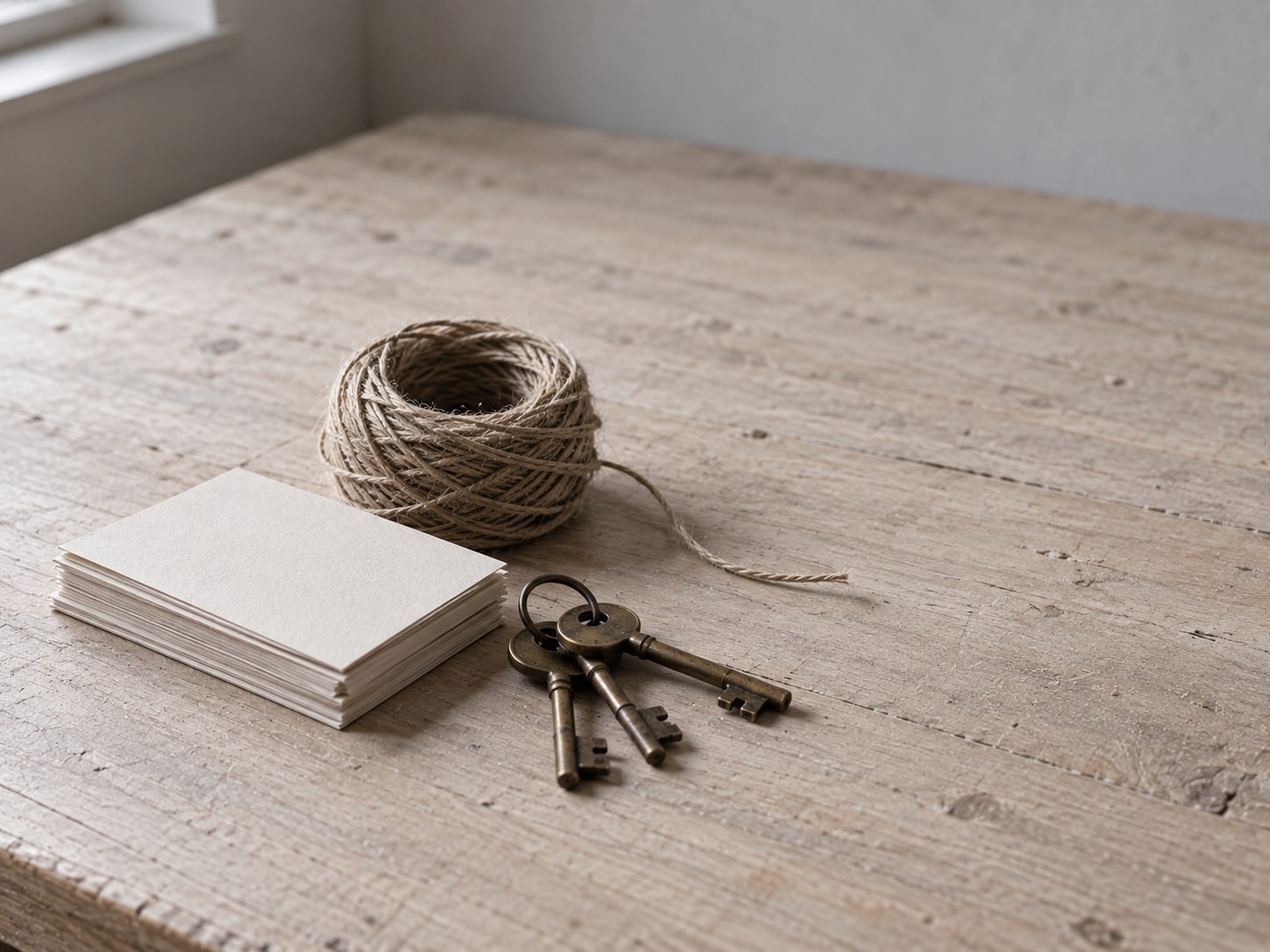 A small stack of blank cards next to a coil of string and a set of old keys on a light wooden surface.
