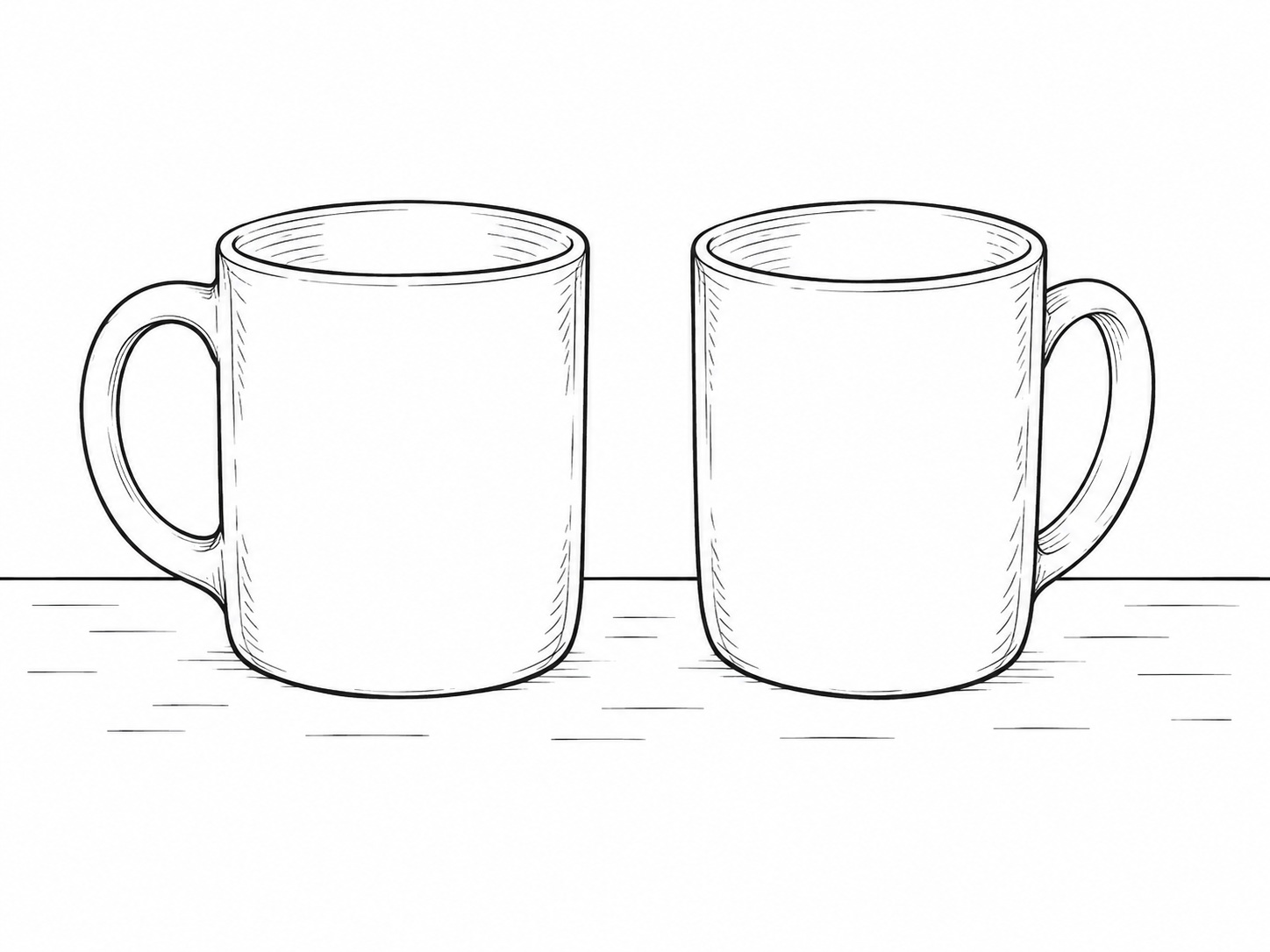 Two nearly identical ceramic mugs side by side on a plain wooden table, one slightly turned away from the other.