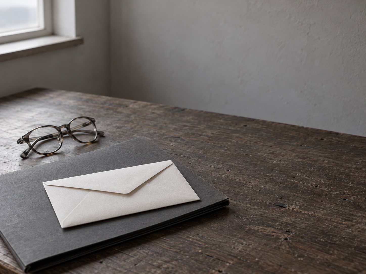 A sealed envelope resting on a closed folder next to a pair of reading glasses on a dark desk.