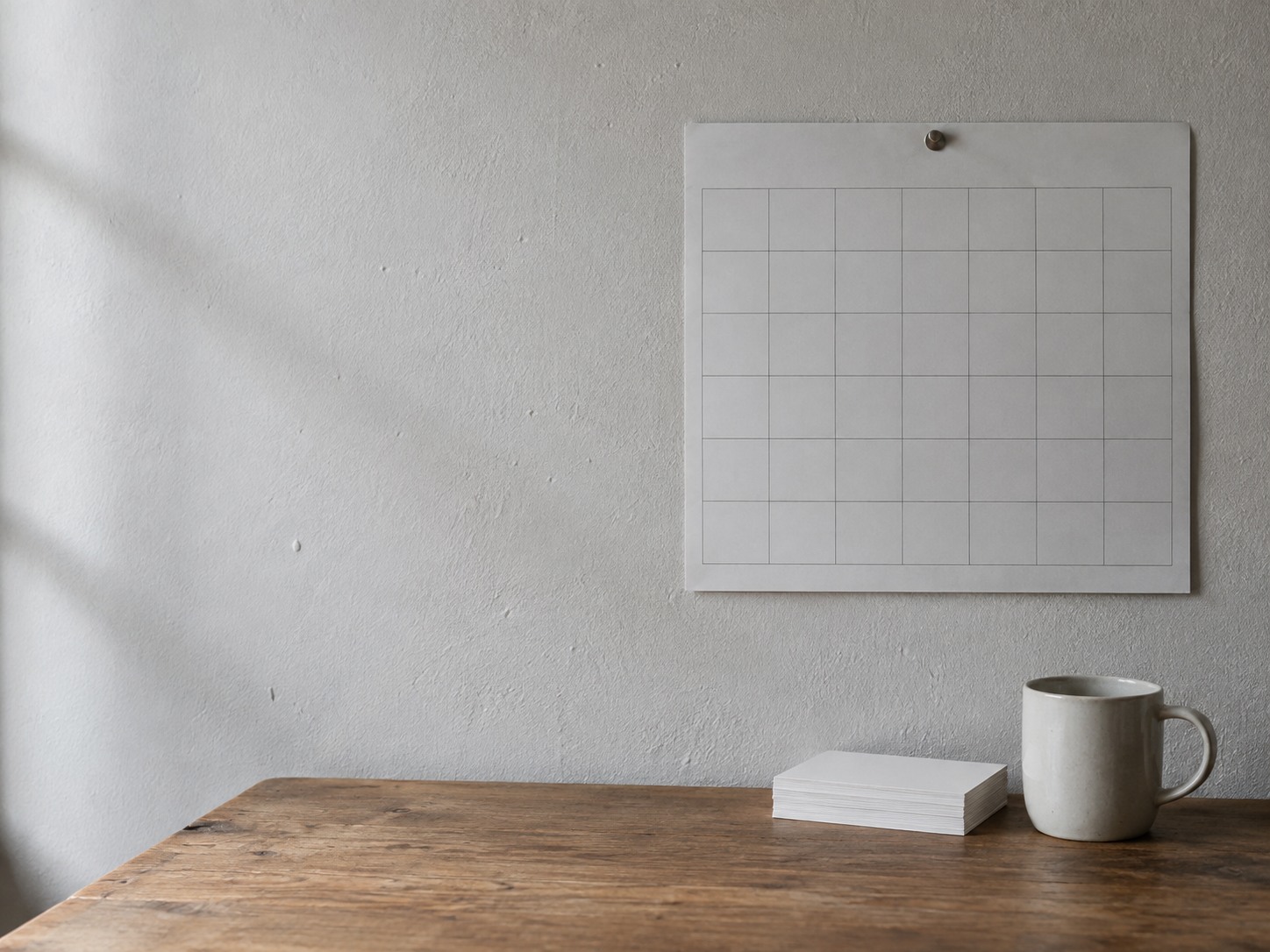 A wall calendar with blank squares pinned above a desk holding a ceramic mug and a short stack of blank index cards.