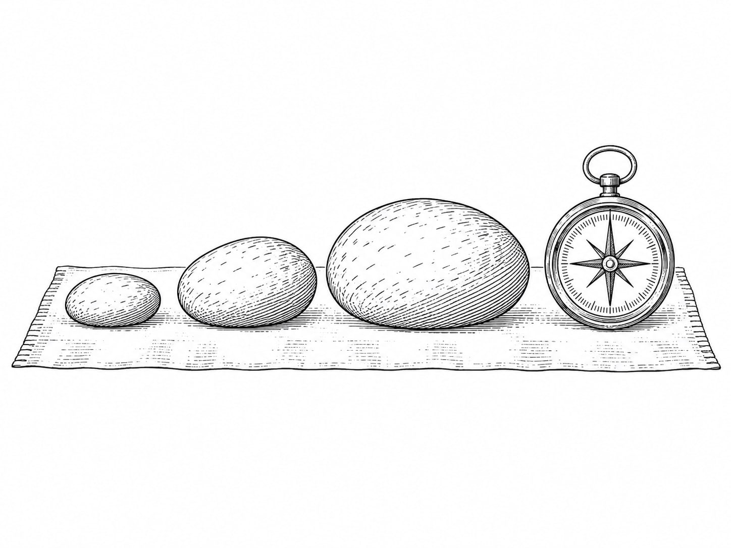 Three smooth river stones of different sizes set in a row on a pale linen cloth beside a brass compass.