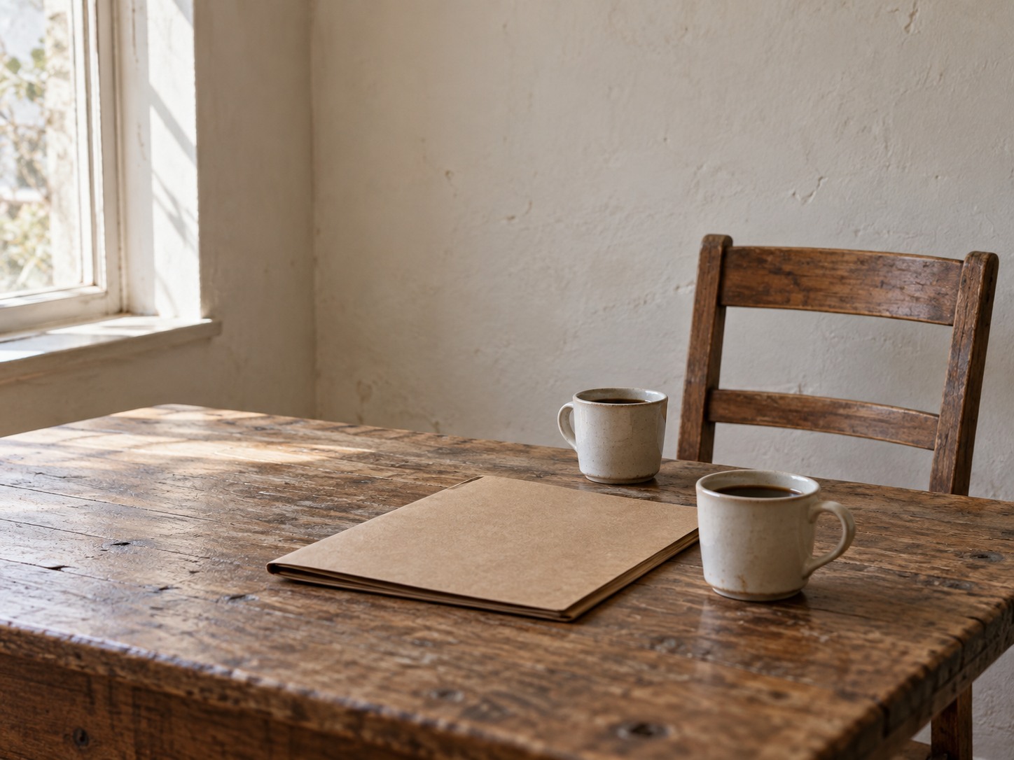 An empty chair across a small wooden table from a closed folder and two cups of coffee in a quiet, sunlit room.