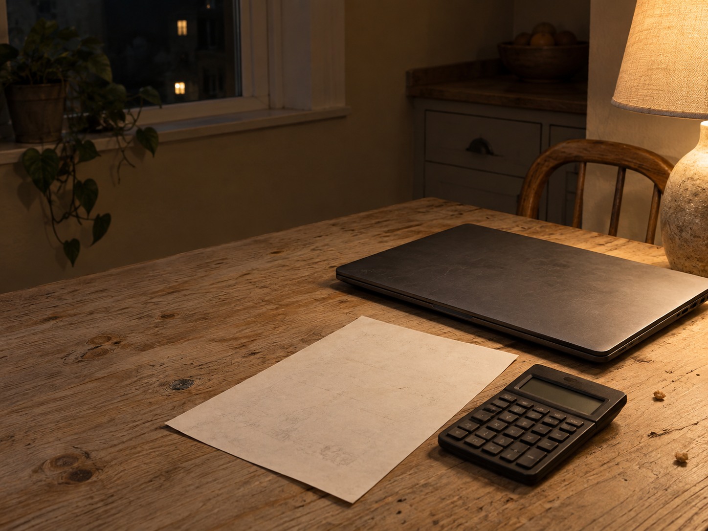 A closed laptop, a calculator and a single sheet of blank paper with faint pencil marks on a kitchen table under a warm lamp.