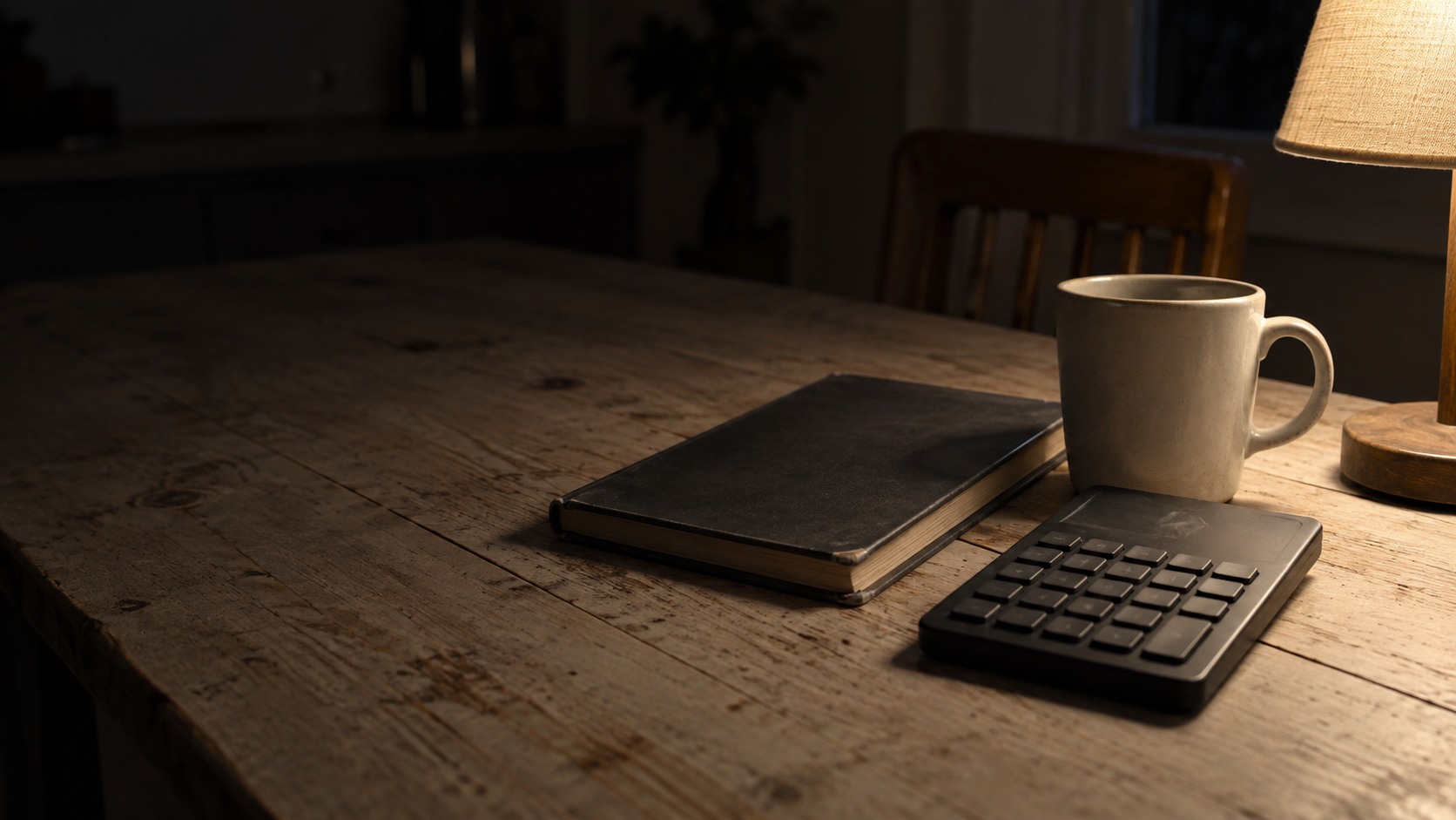 Una calculadora, un libro de contabilidad cerrado y una taza sobre la mesa de una cocina bajo una lámpara cálida, de noche.