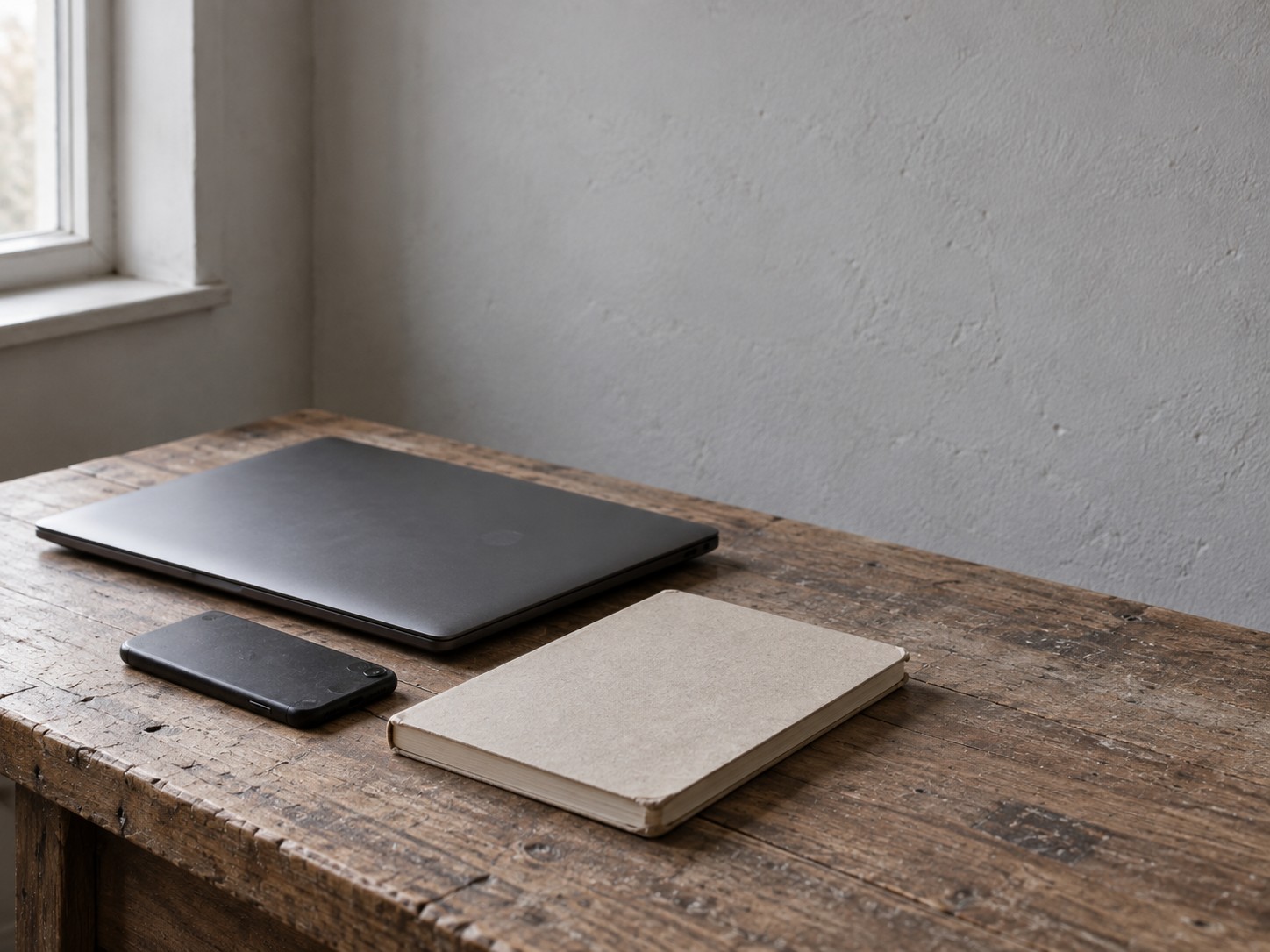 A closed laptop beside a face-down phone and a paper appointment book on a plain wooden desk.