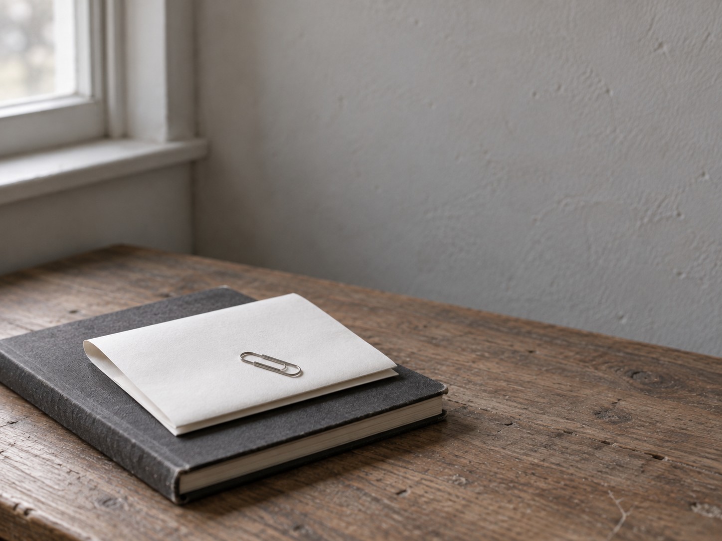 A folded sheet of blank paper, a paper clip and a closed notebook stacked neatly on a desk.