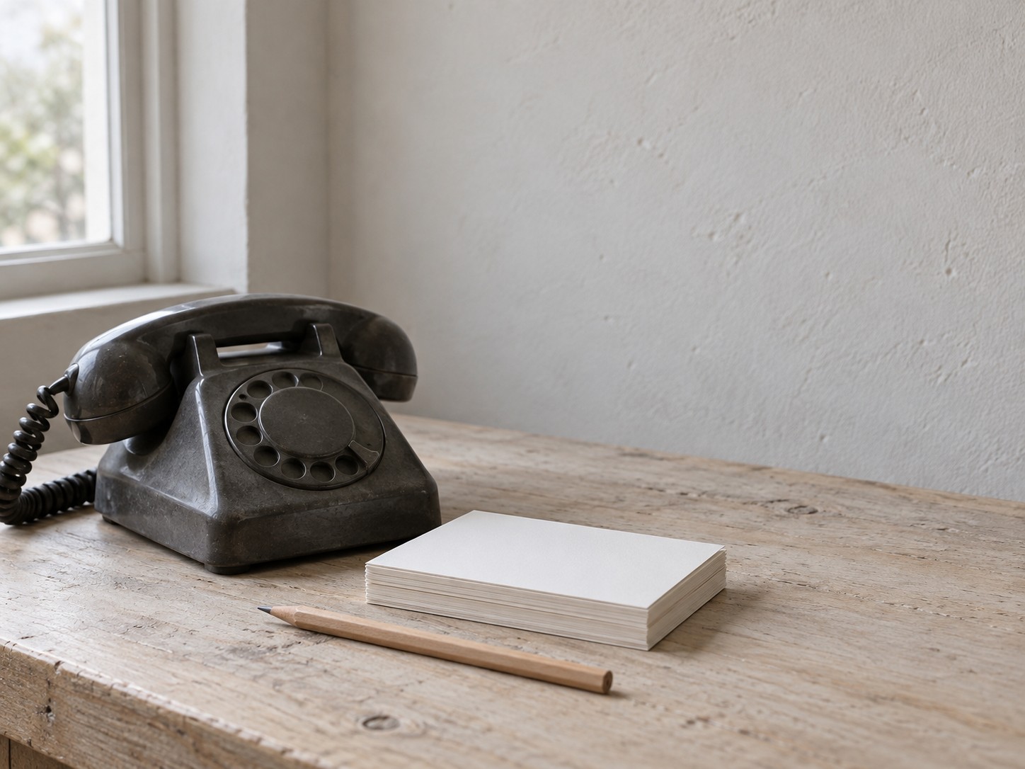 A small stack of blank index cards next to a pencil and a switched-off desk phone on a light table.