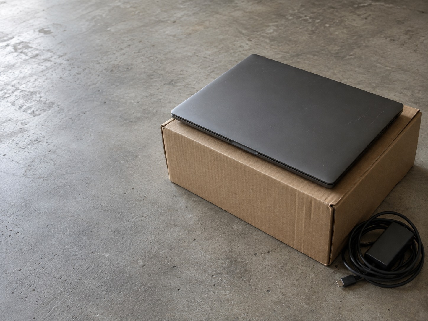 A shut laptop resting on a closed cardboard archive box, with a coiled charging cable beside it on a concrete floor.
