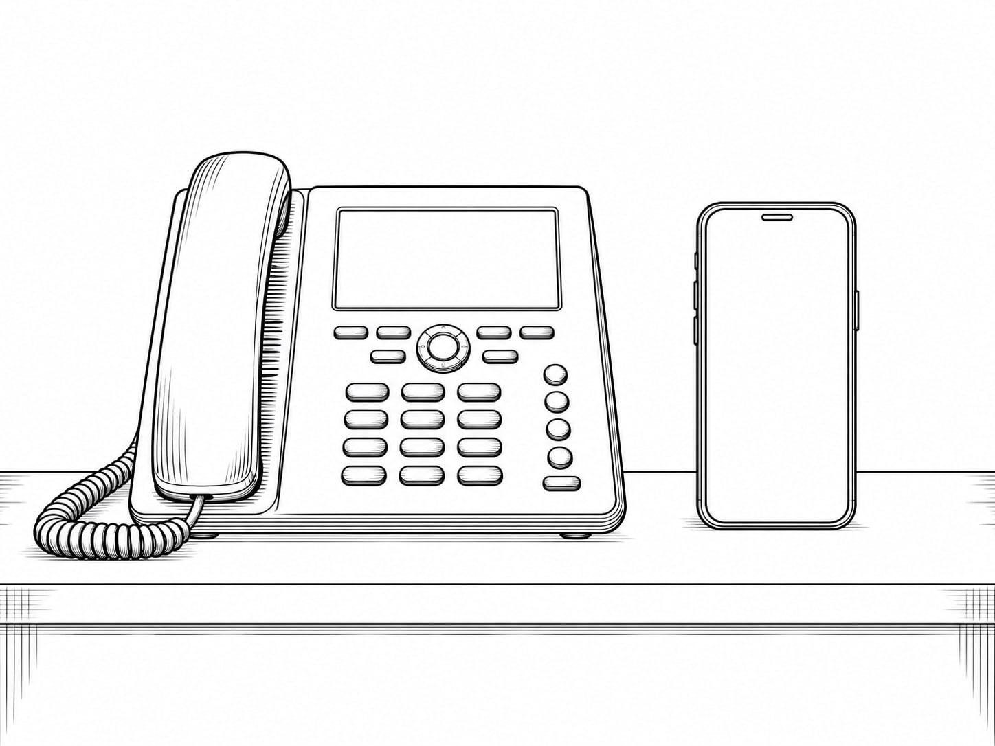 A desk phone and a mobile phone side by side on a reception counter, both screens dark.