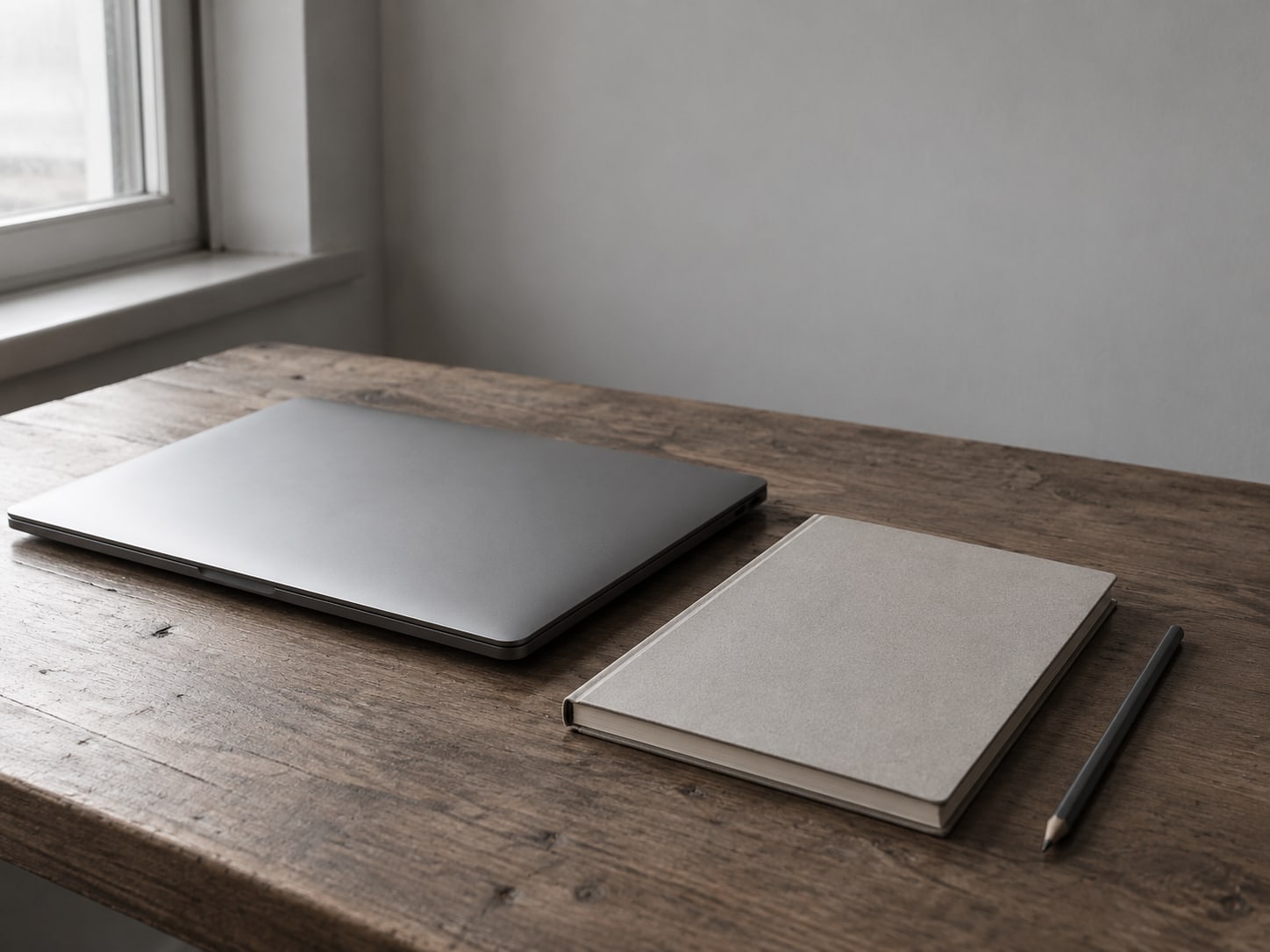 A closed notebook and a pencil beside a closed laptop on a quiet wooden desk.
