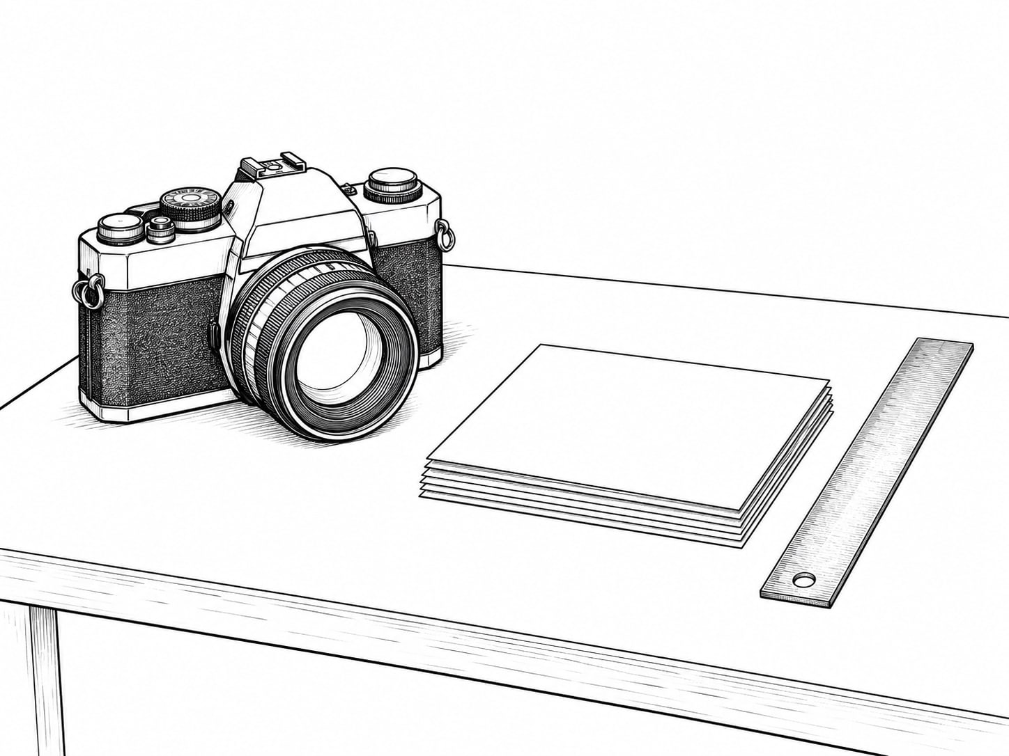 Una cámara pequeña sobre una mesa, junto a una pila de copias fotográficas en blanco y una regla de metal.