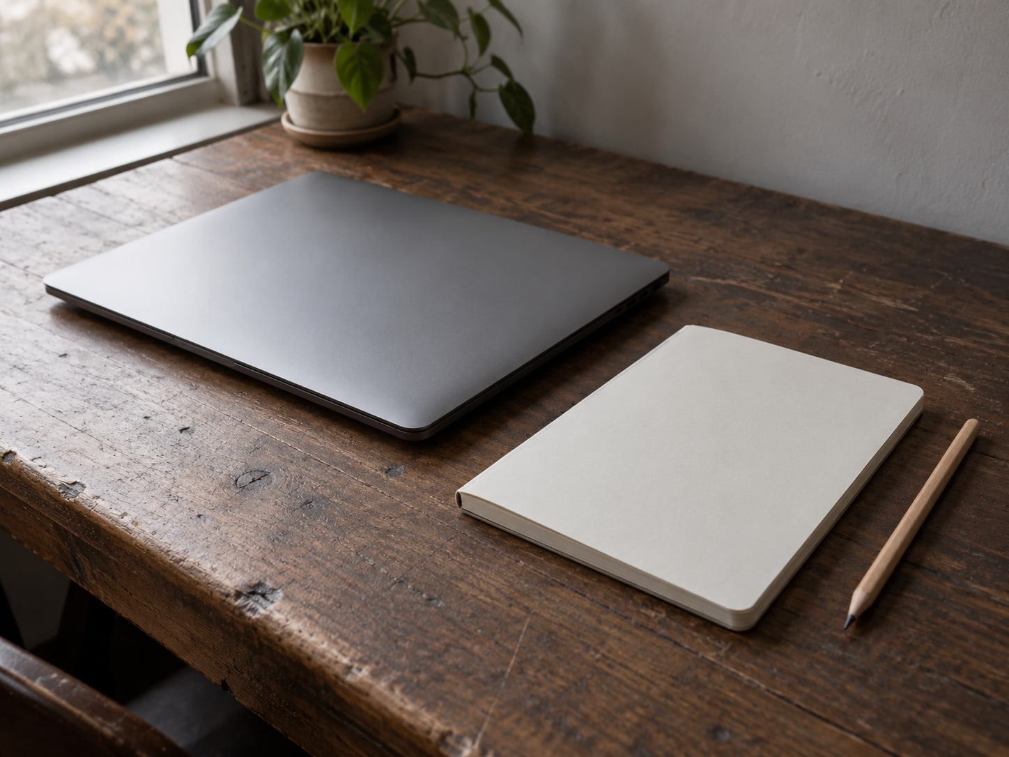 Una laptop cerrada junto a un cuaderno en blanco y un lápiz afilado sobre un escritorio de madera.
