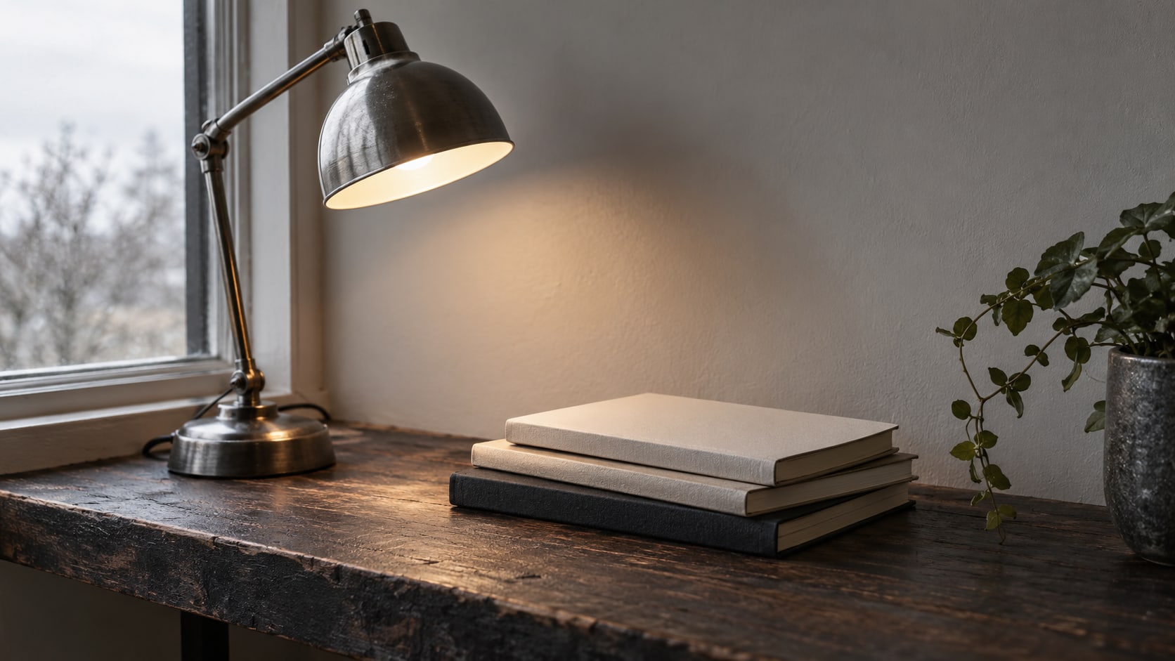 Una lámpara de escritorio encendida junto a una pequeña pila de cuadernos en blanco sobre un estante de madera oscura.