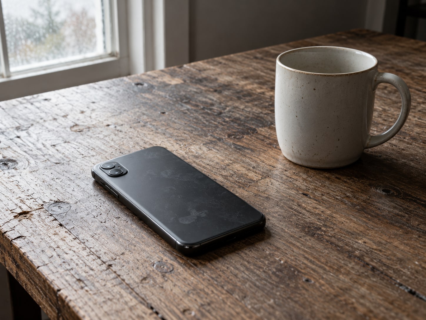 Un teléfono boca abajo sobre un escritorio gastado, junto a una taza de café vacía.