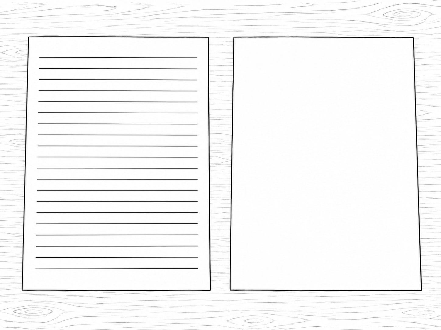 Two printed sheets of paper side by side on a desk, one fully covered in blank lines and the other left empty.