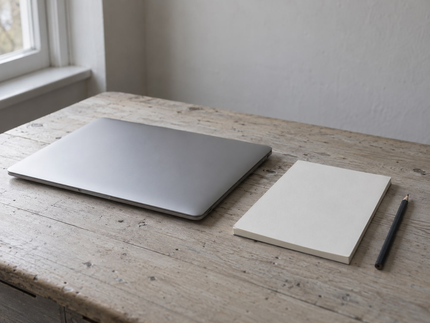 A closed laptop beside a blank notepad and a sharpened pencil on a pale wooden desk.