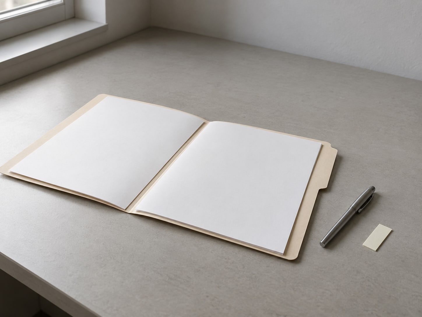 A thin folder of printed pages lying open on a desk next to a closed pen and a small adhesive flag.