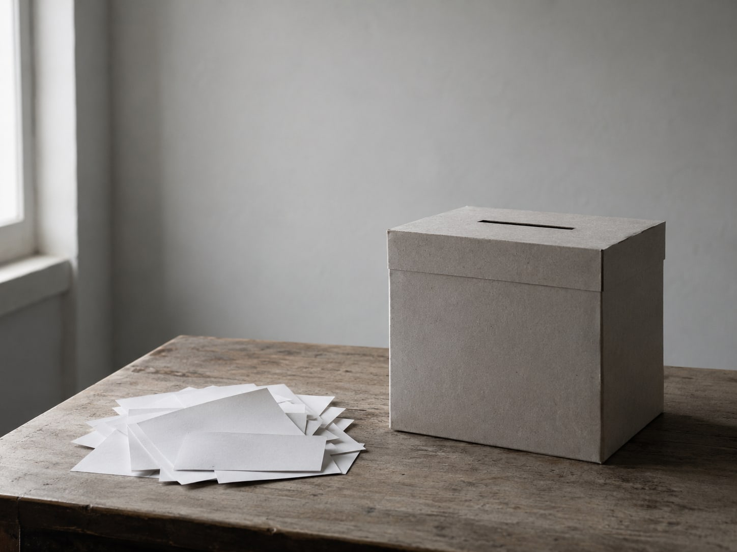 A closed ballot-style box with a narrow slot sitting next to a pile of blank paper slips on a plain table.
