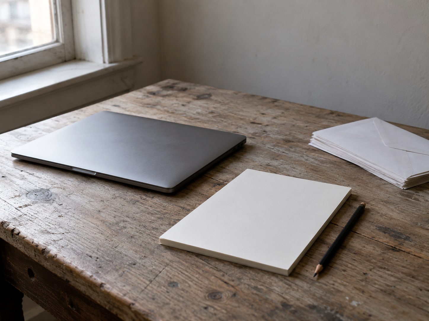 Una laptop cerrada y un bloc de notas en blanco con un lápiz junto a una pequeña pila de sobres sin abrir sobre un escritorio de madera gastada.