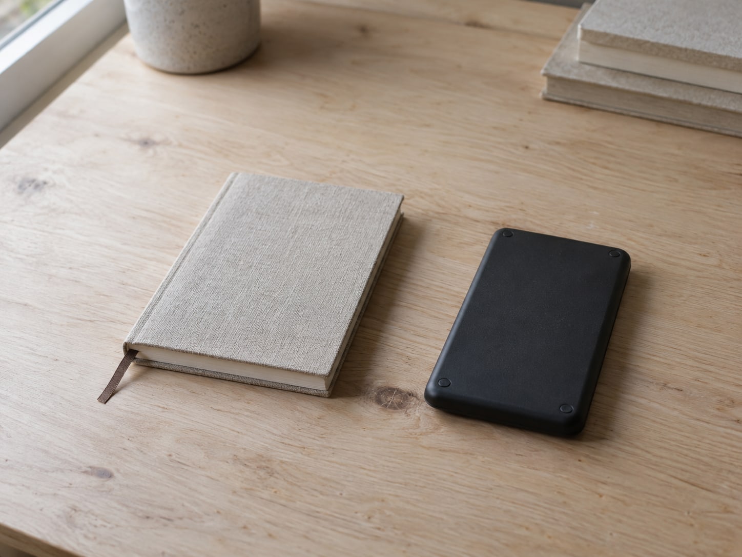 Un pequeño cuaderno cerrado con una cinta marcadora junto a una calculadora boca abajo sobre un escritorio limpio.