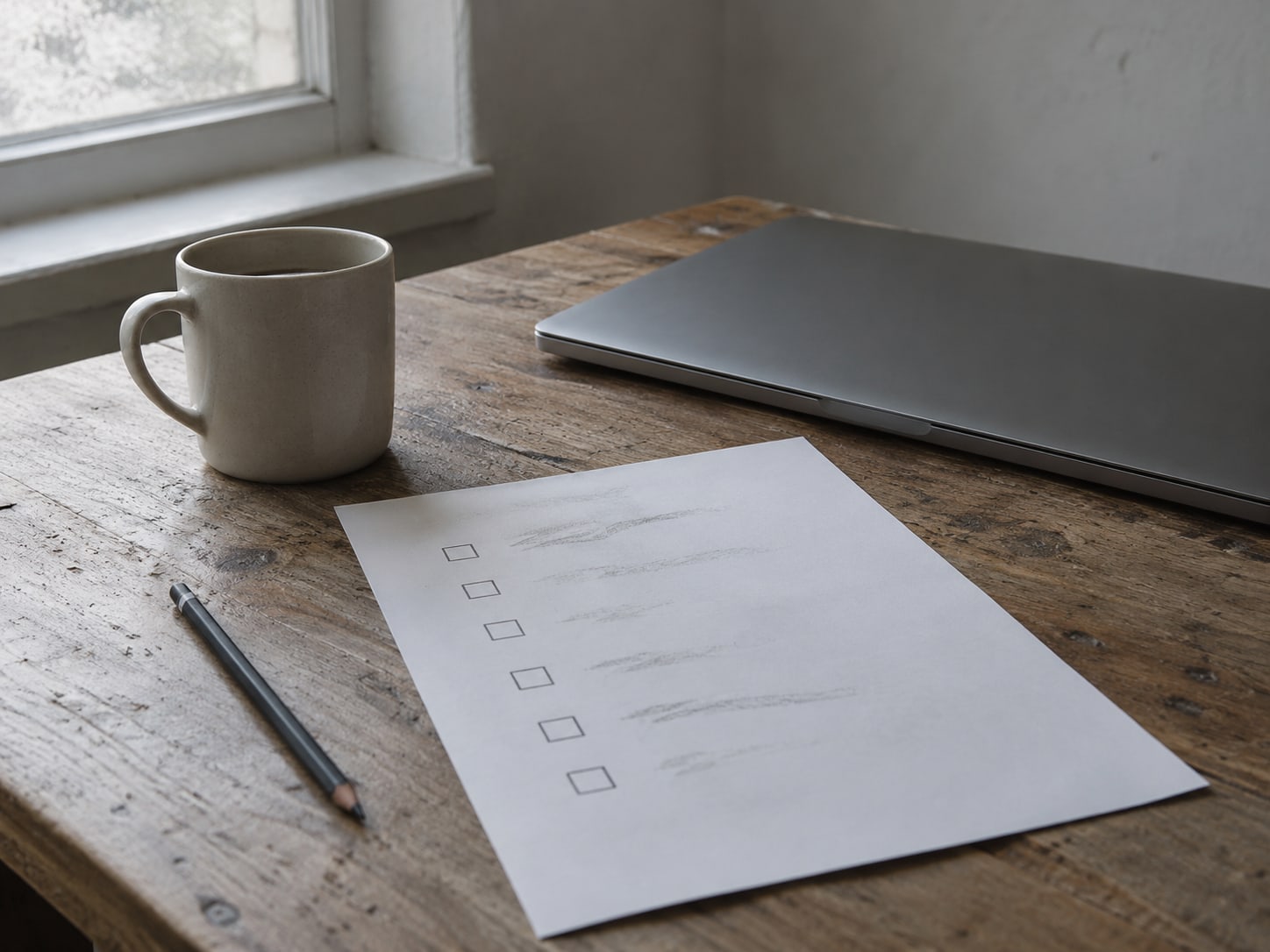 Una lista de verificación en papel con casillas en blanco y marcas de lápiz ilegibles junto a una laptop cerrada y una taza de café sobre un escritorio.