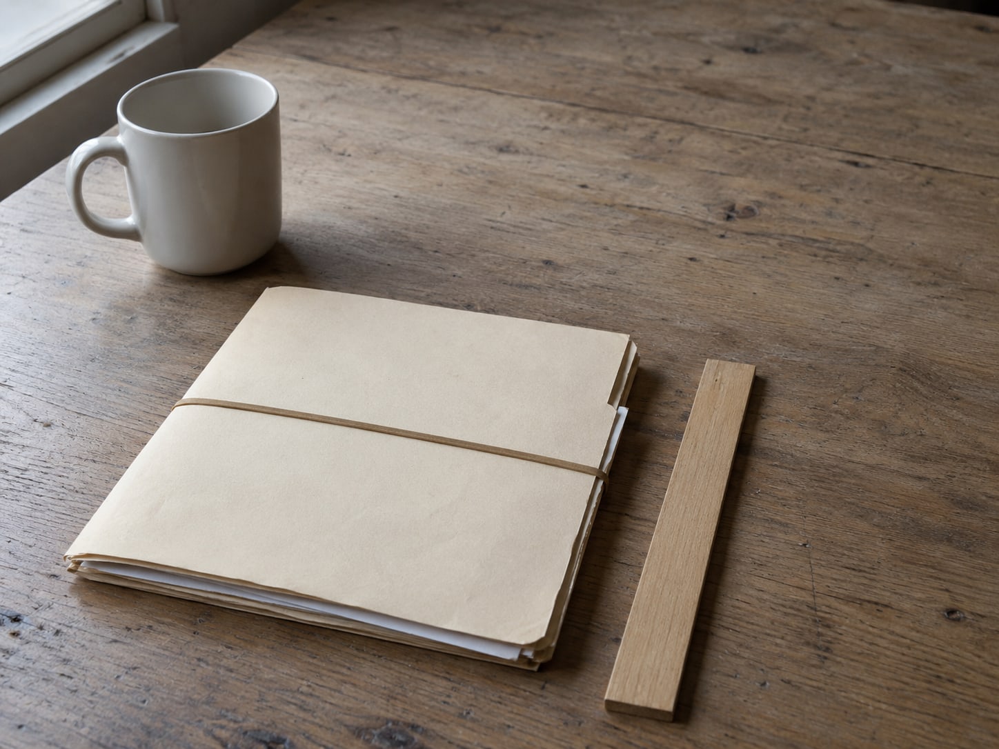 A tidy folder of blank papers held shut with a rubber band, next to a ruler and a mug on a plain desk.