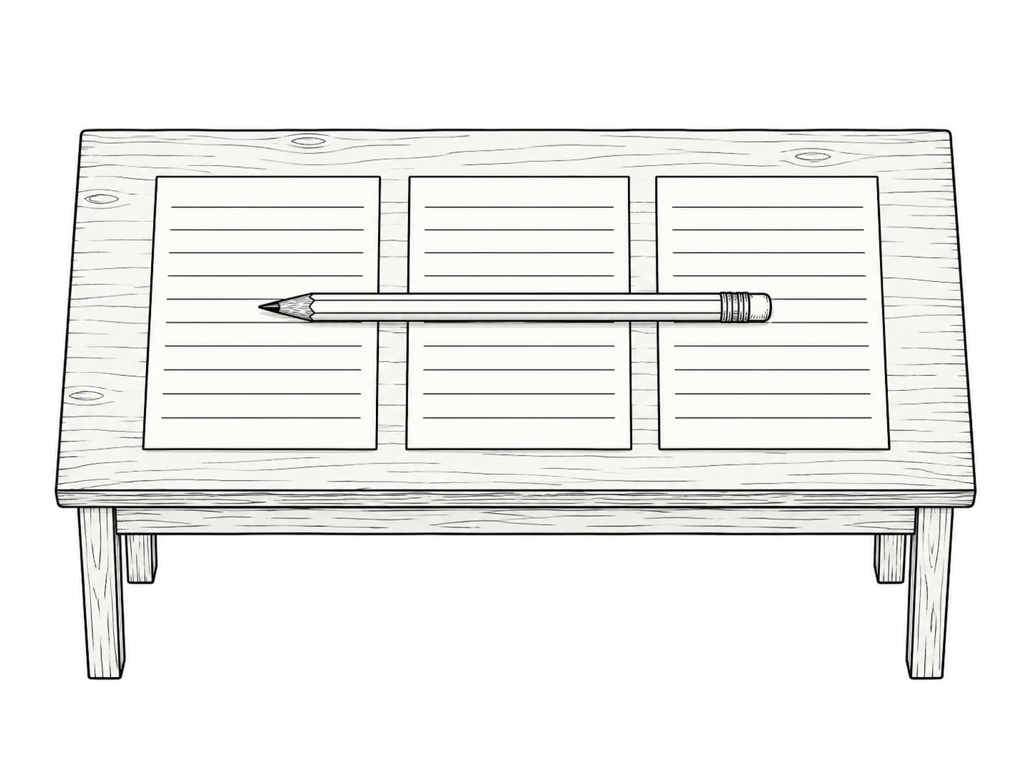 A small wooden desk with three blank sheets of lined paper placed side by side and a pencil resting across them.