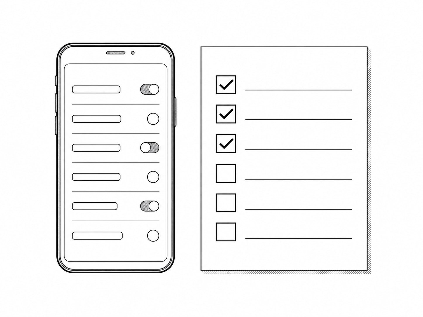 A phone showing a simple account settings screen, resting on a desk beside a printed list of accounts with some items ticked.