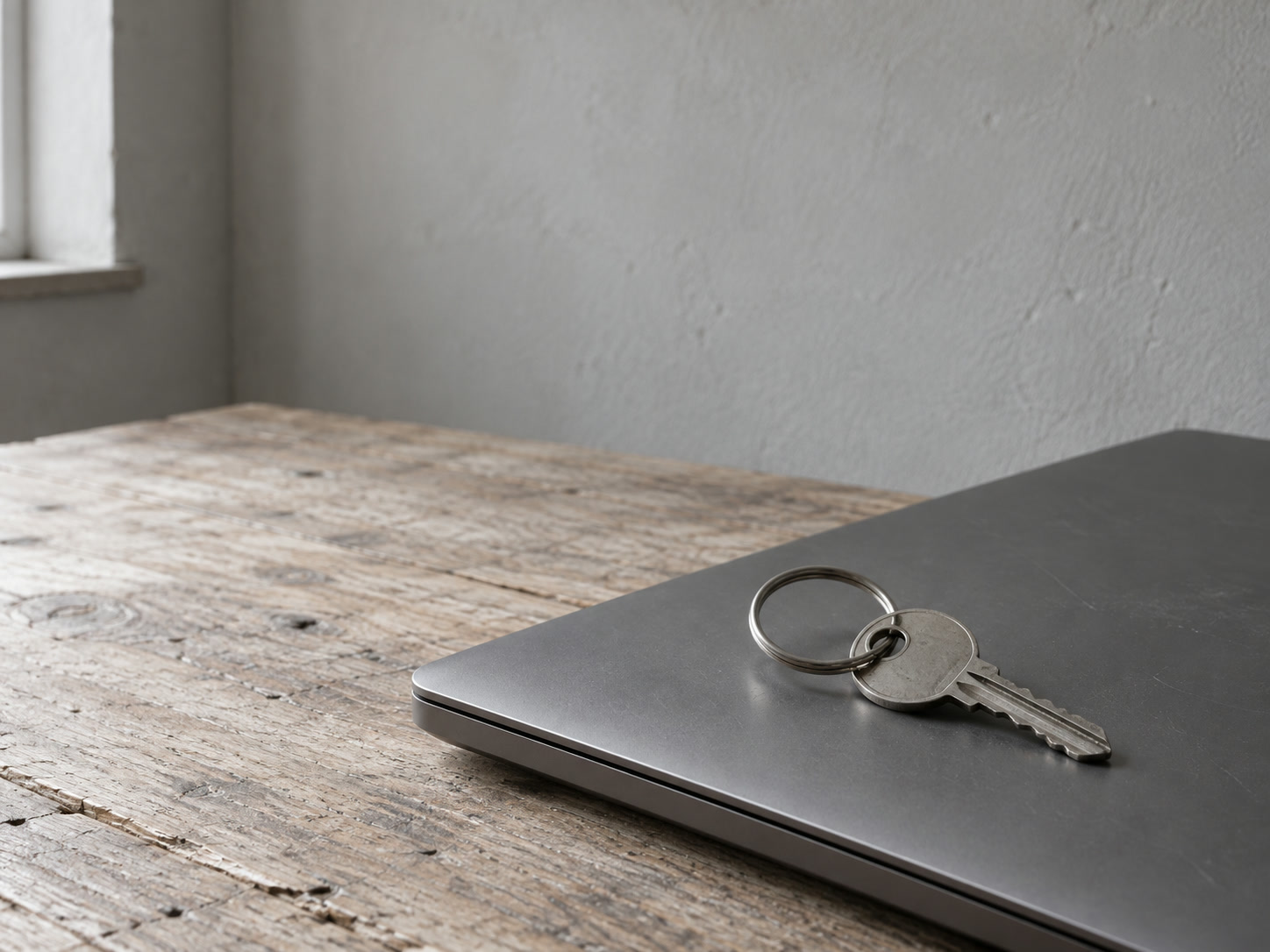 A single key on a simple ring resting on a closed laptop.