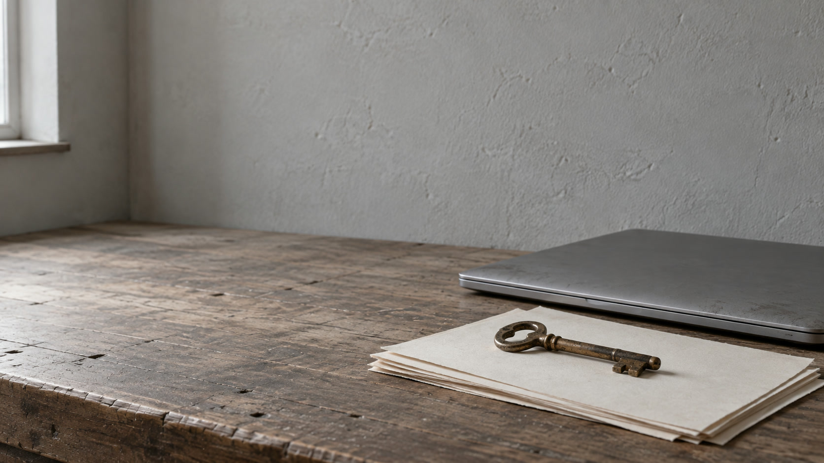 A closed laptop on a worn wooden desk beside a single old key lying on a stack of papers.