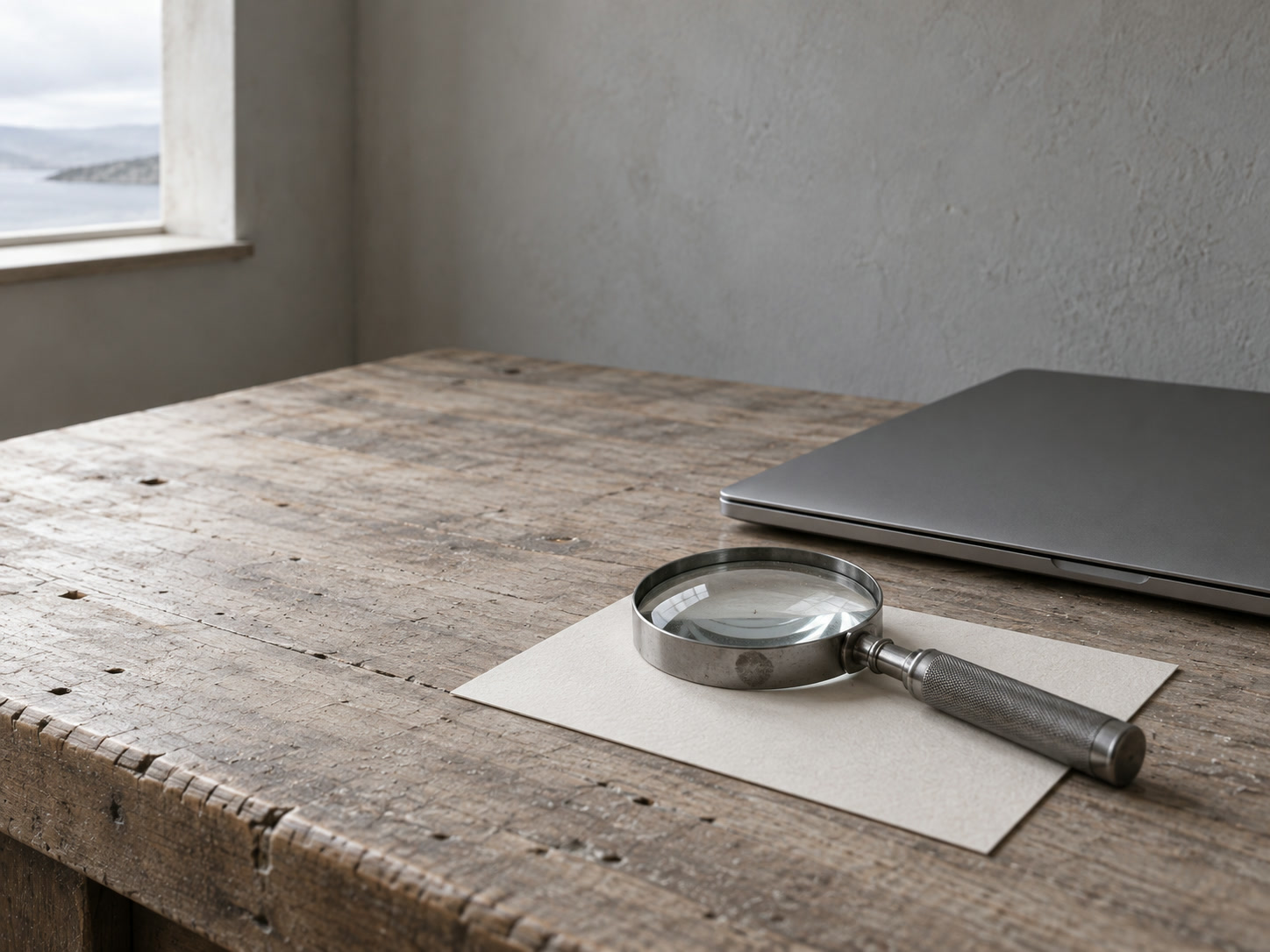 A magnifying glass resting on a blank card beside a closed laptop on a worn wooden desk.