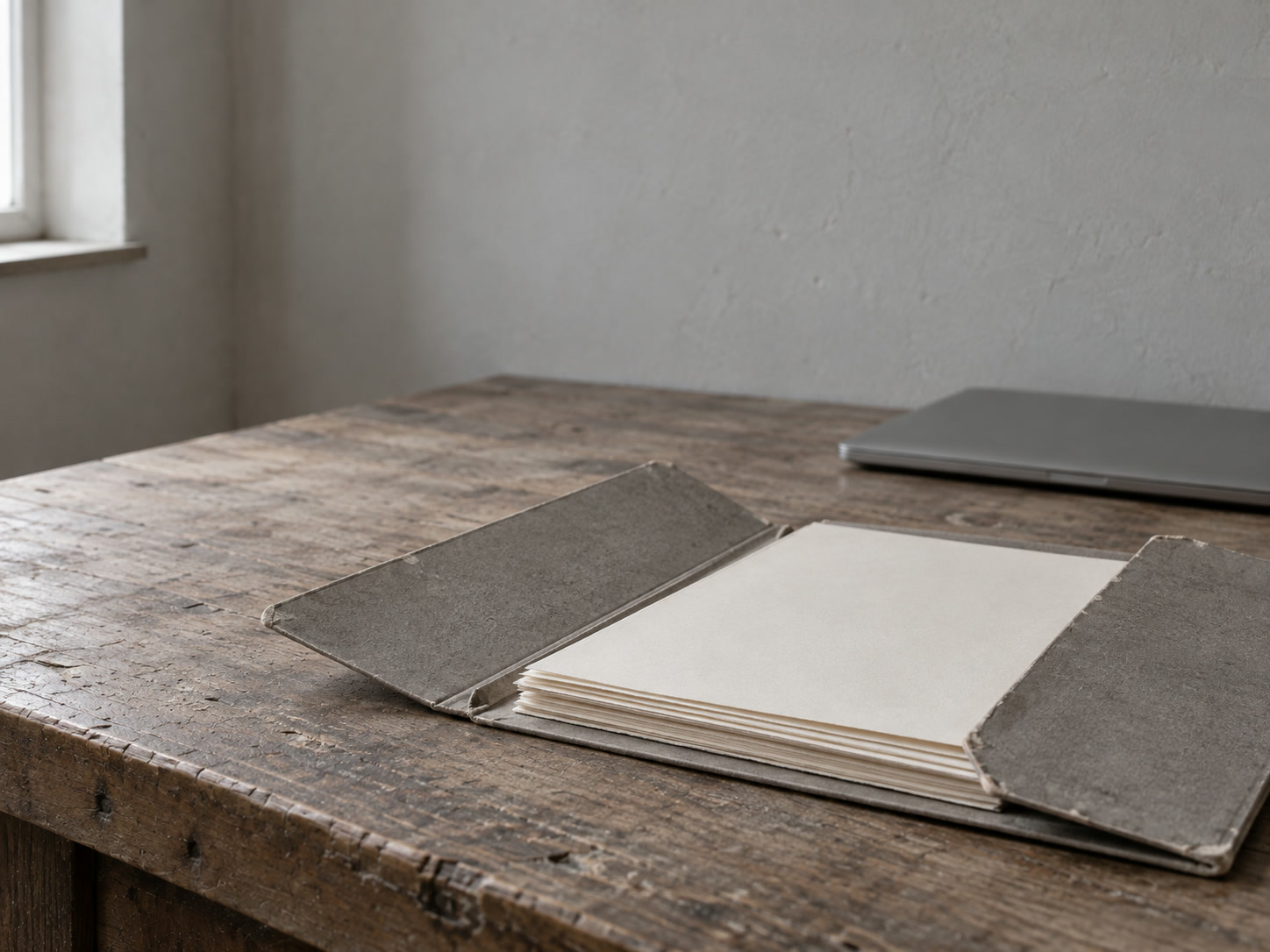 A folder of printed invoices and a signed contract laid out on a desk next to a laptop.