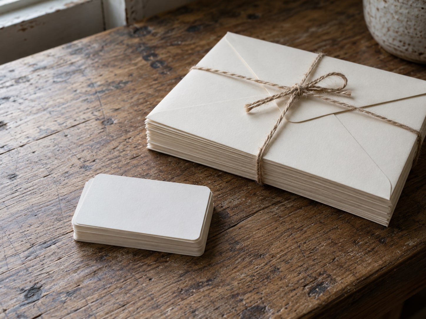 A stack of blank address labels beside a bundle of unopened envelopes tied with string.