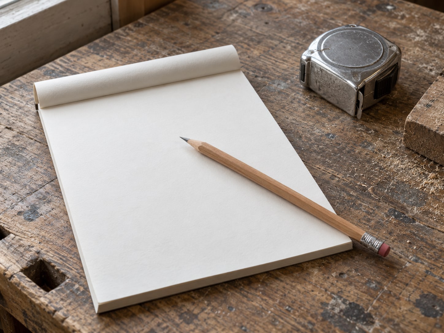 A pencil lying across a blank checklist pad on a workbench next to a tape measure.