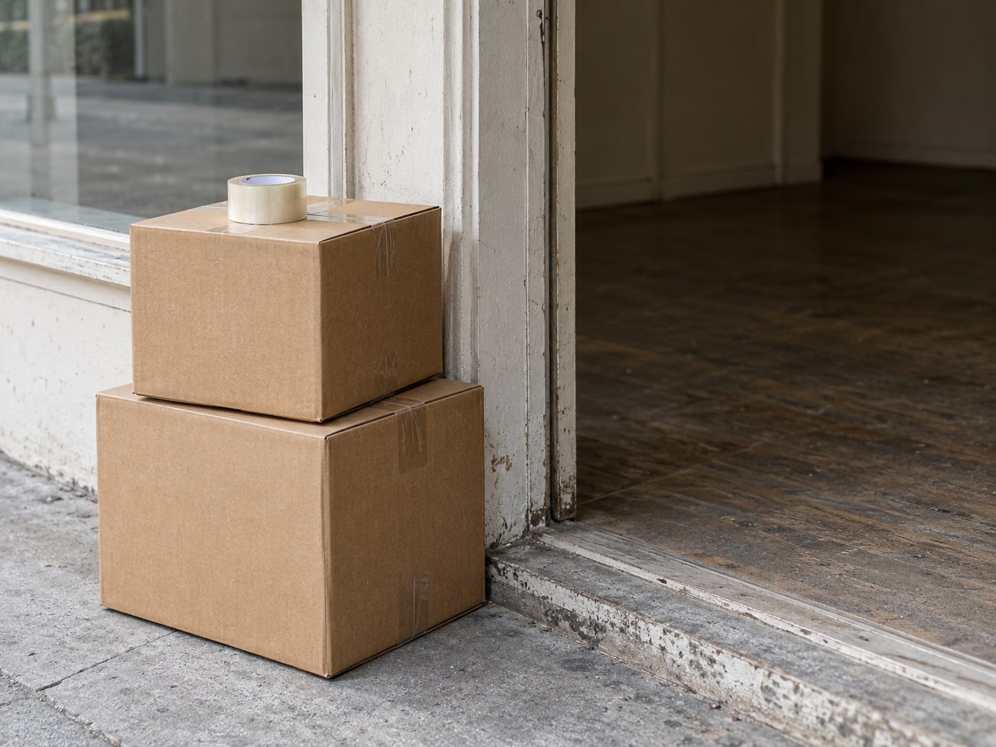 Two sealed cardboard boxes stacked beside an empty shop doorway with a coil of packing tape on top.