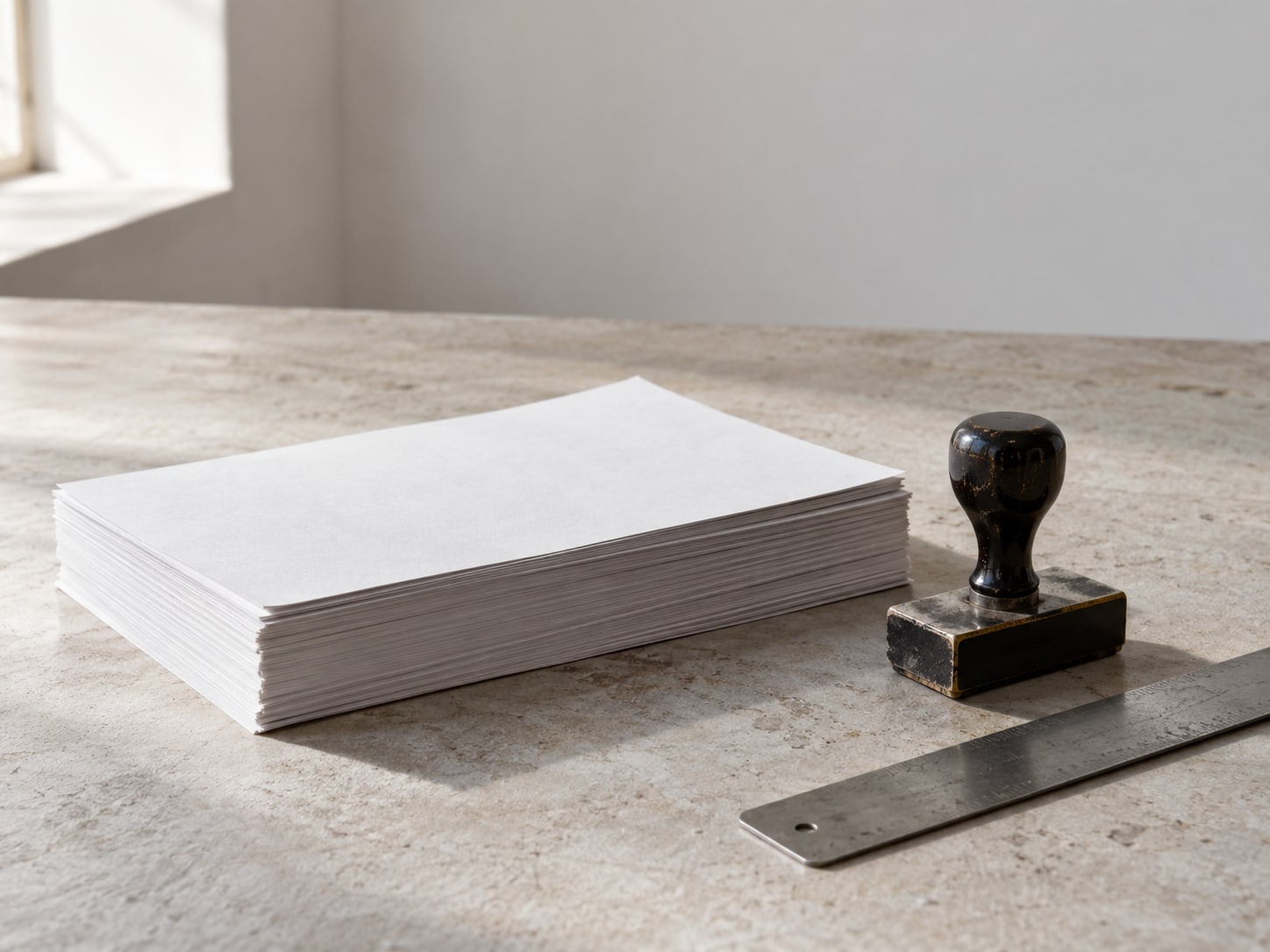 A stack of blank invoices and a rubber stamp beside a small ruler on a worktable.