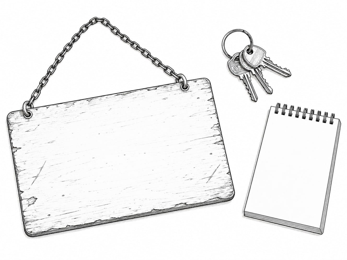 A shop's open sign leaning face down on a counter beside a ring of unlabeled keys and a blank notepad.