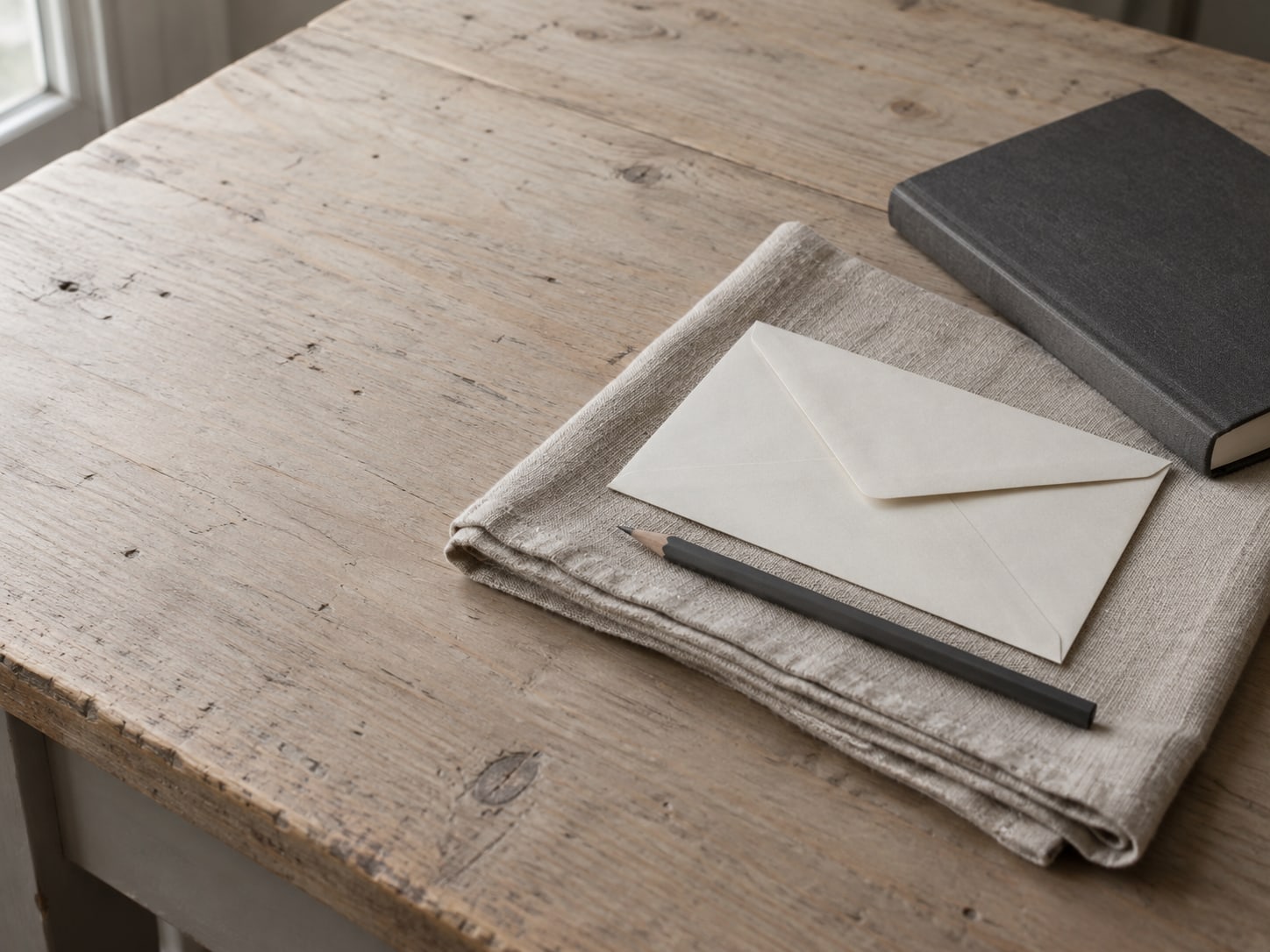 A single envelope and a pencil resting on a clean folded cloth on a wooden table, with a closed notebook beside them.