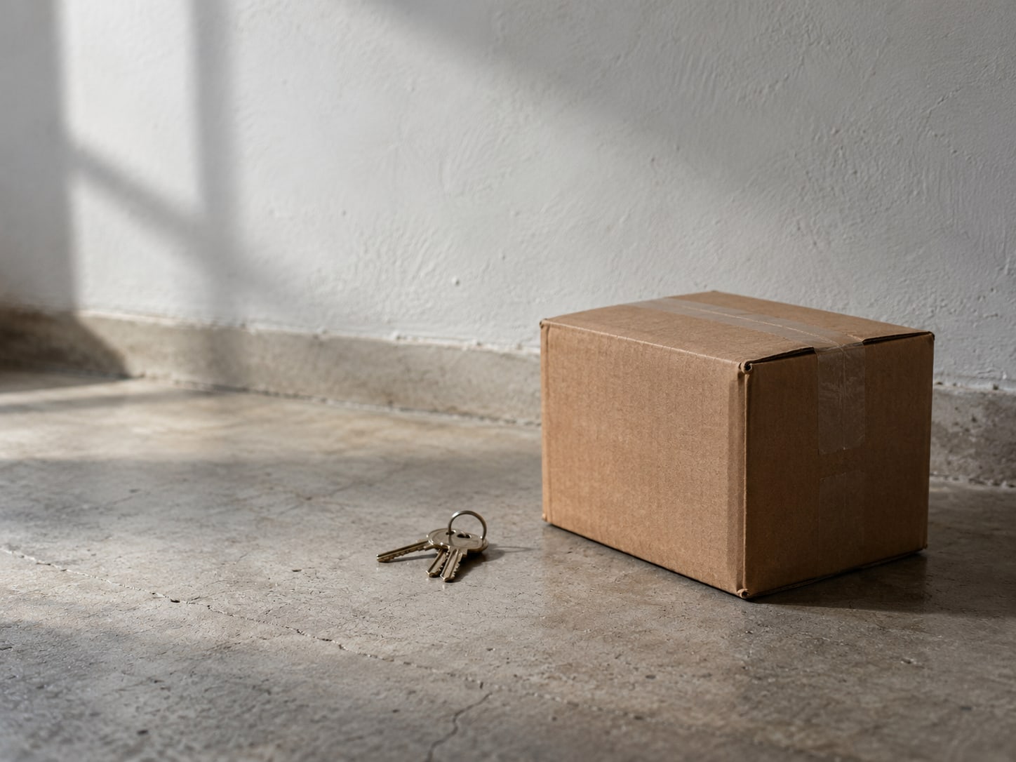 A small cardboard moving box taped shut beside a ring of keys on a bare floor.